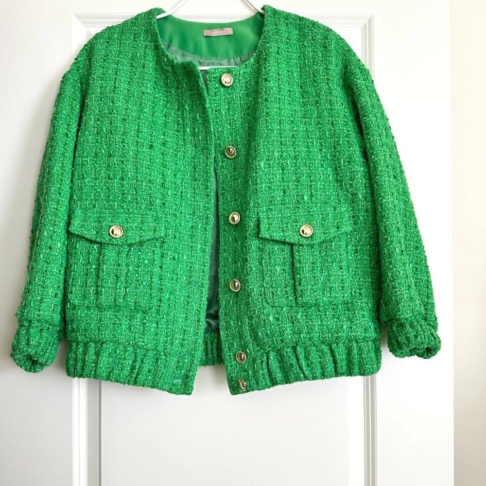 12 STOREEZ Green Tweed Short Bomber Jacket Size S